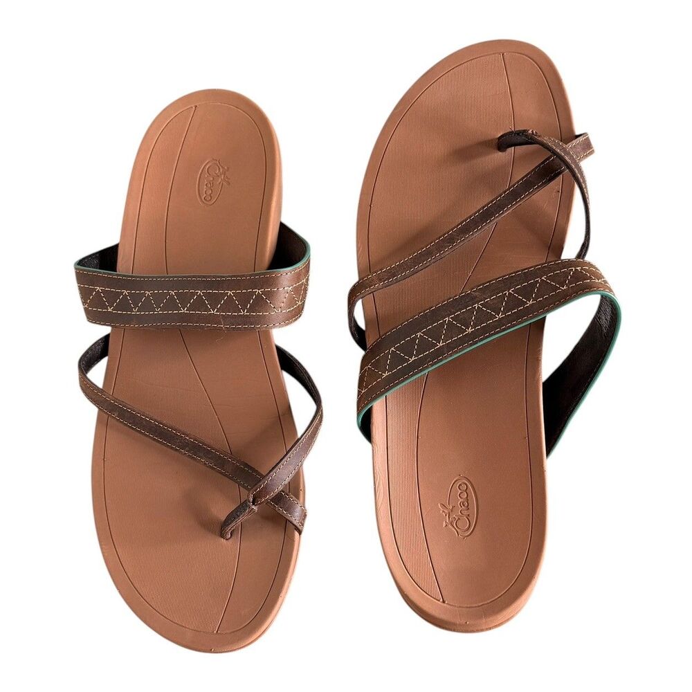 Chaco Women’s Sandals Size 10 Deja Cognac Brown Leather Cross Toe Loop Strappy